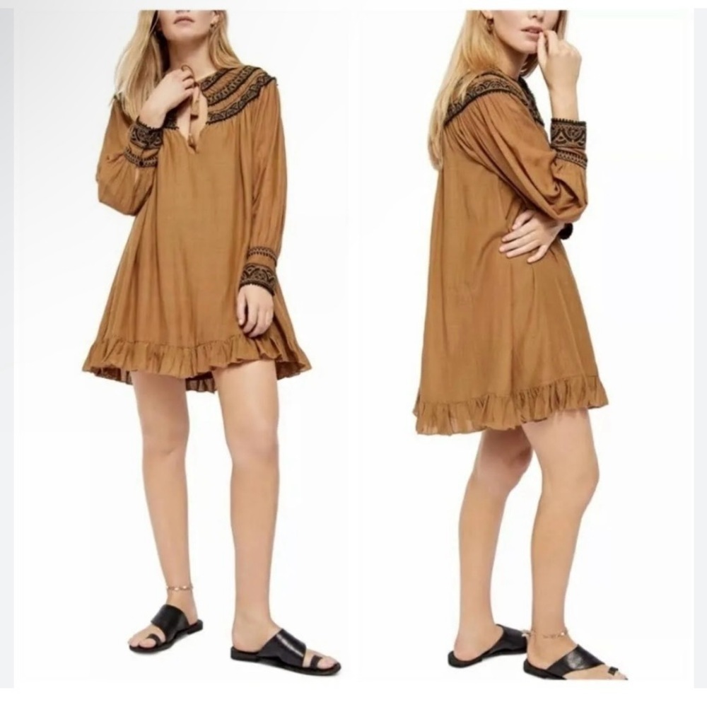 Free People Erin Embroidered Lace Neutral Boho Cottagecore Mini Dress Size SP